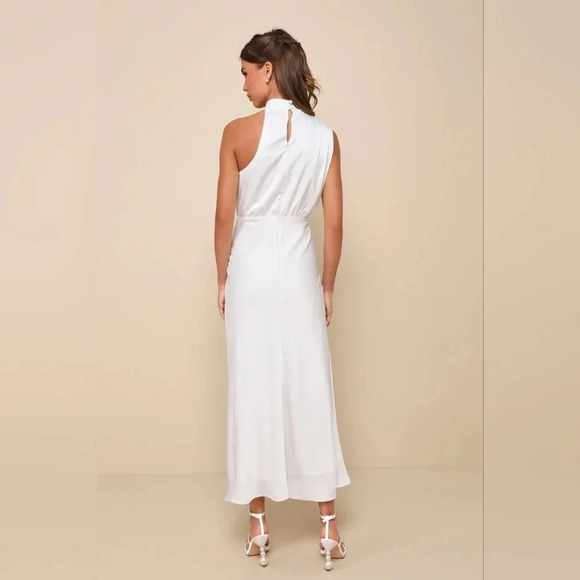 Lulus Distinctive Charm White Satin Asymmetrical Midi Dress Party Bridal Prom - Picture 5 of 9